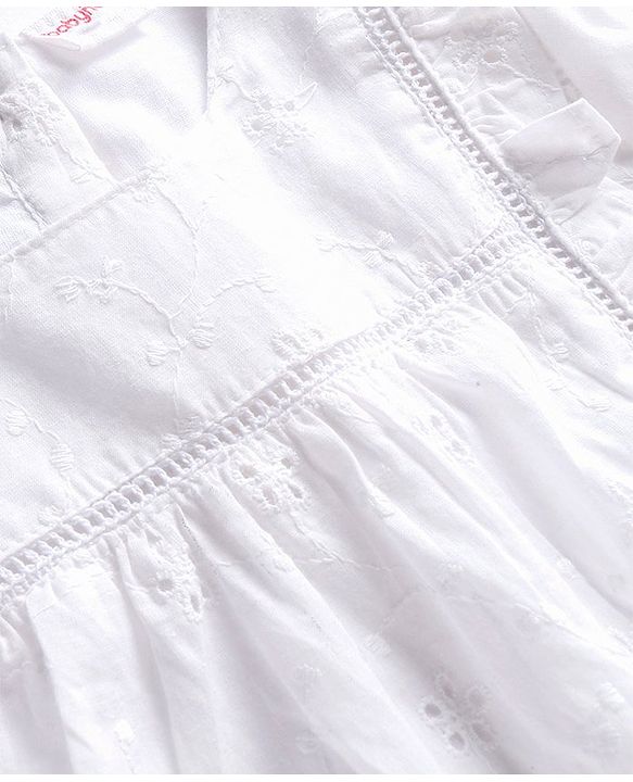 Babyhug Woven Schiffli Top with Frill and Lace Detailing- White
