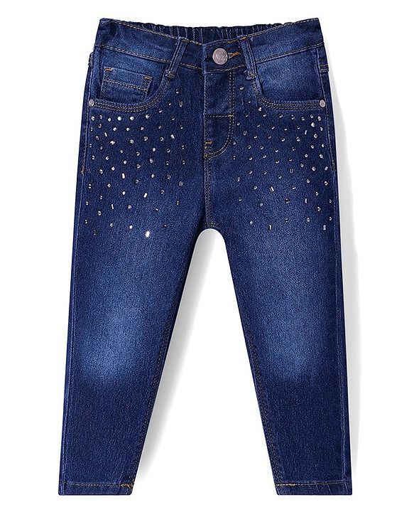 Babyhug Denim Full Length Solid Color Jeans with Beads Detailing - Navy Blue