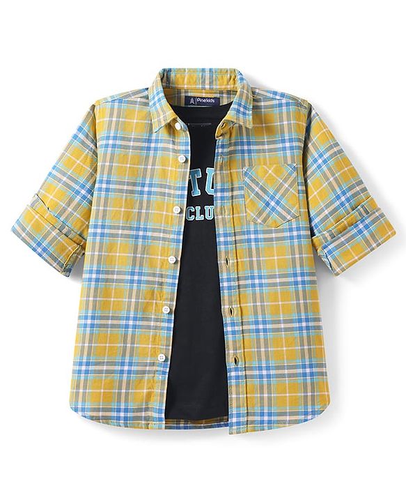 Pine Kids Cotton Woven Full Sleeves Checks Shirt With Text Print T- Shirt - Yellow & Blue