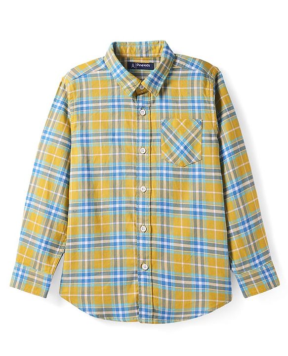 Pine Kids Cotton Woven Full Sleeves Checks Shirt With Text Print T- Shirt - Yellow & Blue