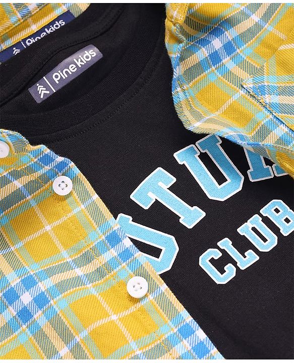 Pine Kids Cotton Woven Full Sleeves Checks Shirt With Text Print T- Shirt - Yellow & Blue