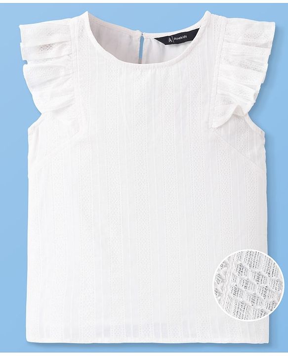 Pine Kids Cotton Woven Frill Sleeves Solid Colour Top With Embroidery - White