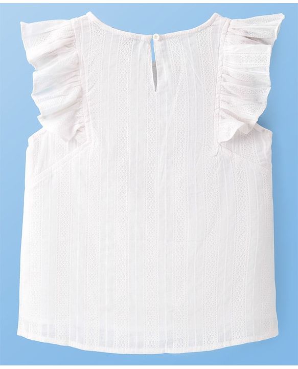 Pine Kids Cotton Woven Frill Sleeves Solid Colour Top With Embroidery - White