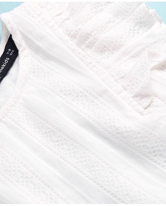 Pine Kids Cotton Woven Frill Sleeves Solid Colour Top With Embroidery - White