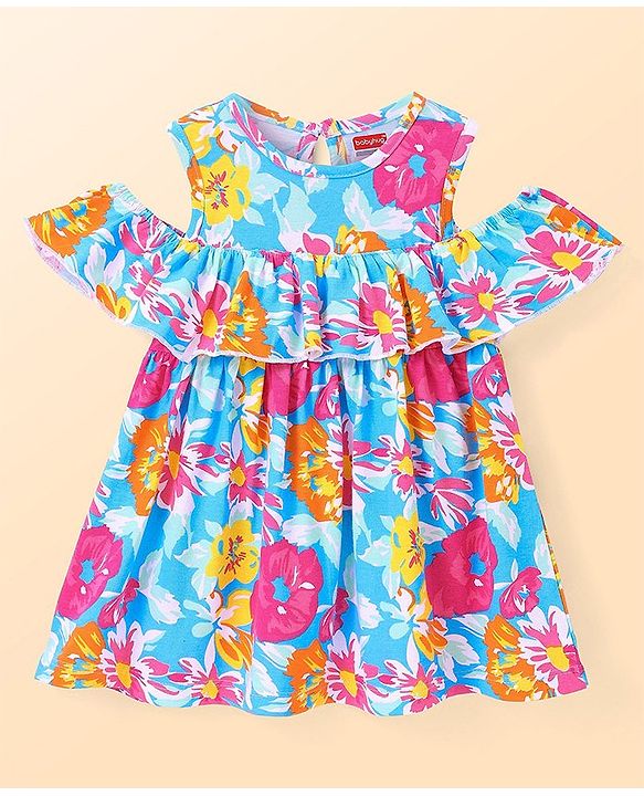 Babyhug Single Jersey Knit Cold Shoulder Frock With Floral Print - Blue & Pink