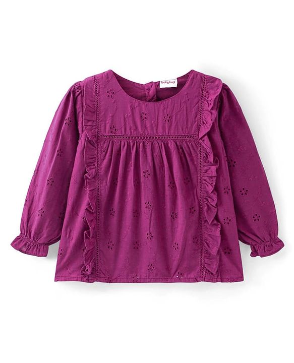 Babyhug Rayon Woven Full Sleeves Schiffli Top with Frill Detailing - Maroon