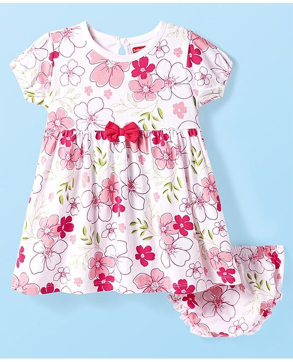 Babyhug Single Jersey Knit Half Sleeves Floral Printed Frock With Bloomer & Bow Applique - White