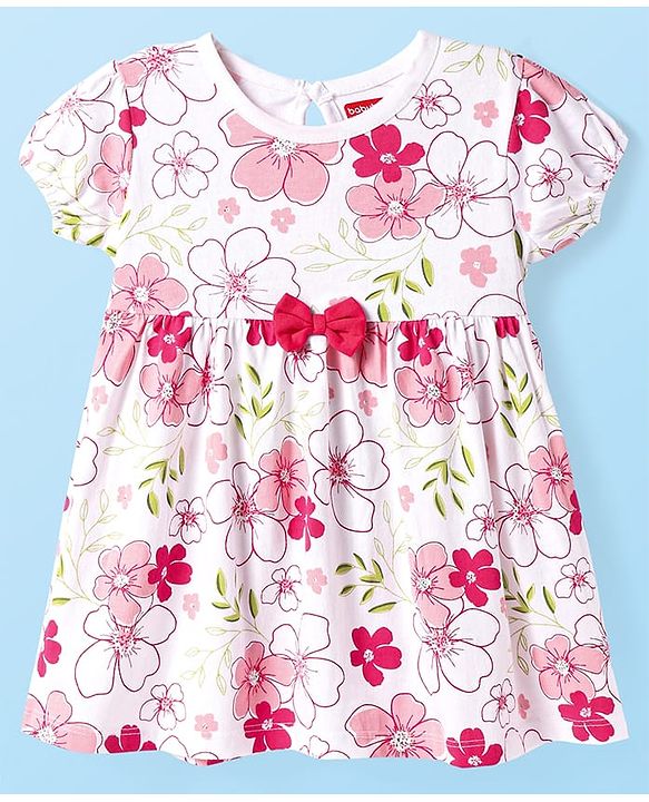 Babyhug Single Jersey Knit Half Sleeves Floral Printed Frock With Bloomer & Bow Applique - White