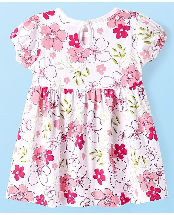 Babyhug Single Jersey Knit Half Sleeves Floral Printed Frock With Bloomer & Bow Applique - White