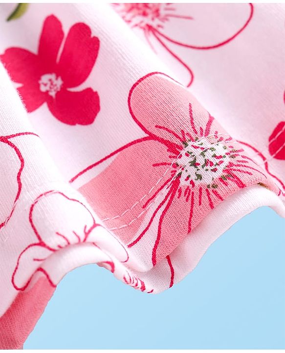 Babyhug Single Jersey Knit Half Sleeves Floral Printed Frock With Bloomer & Bow Applique - White