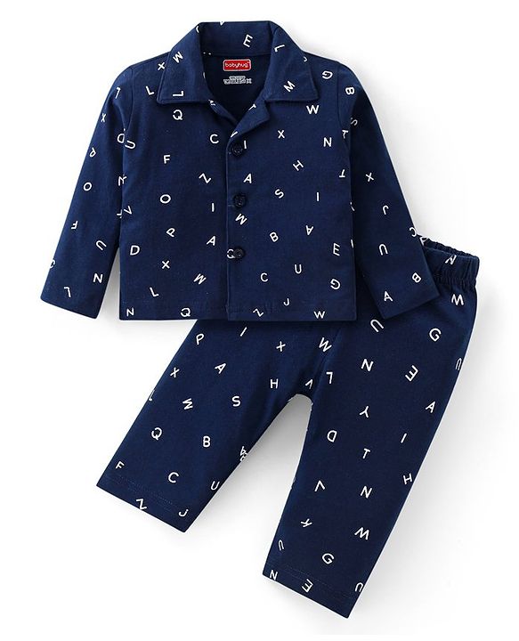 Babyhug Cotton Single Jersey Knit Full Sleeves Night Suit Text Print - Navy Blue