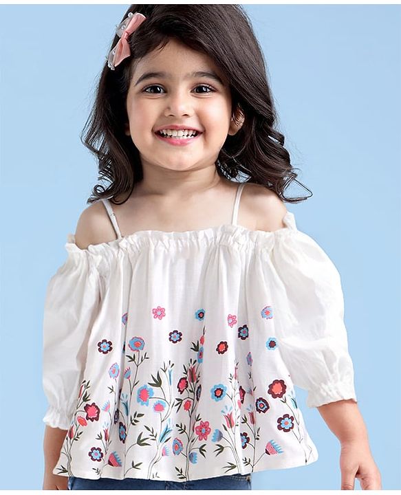 Babyhug Rayon Three Fourth Sleeves Floral Printed Off Shoulder Top - White