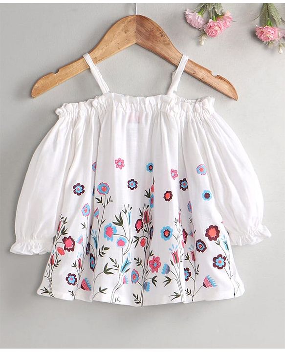Babyhug Rayon Three Fourth Sleeves Floral Printed Off Shoulder Top - White
