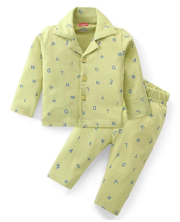 Babyhug Cotton Knit Full Sleeves Night Suit With Alphabets Print - Limegreen