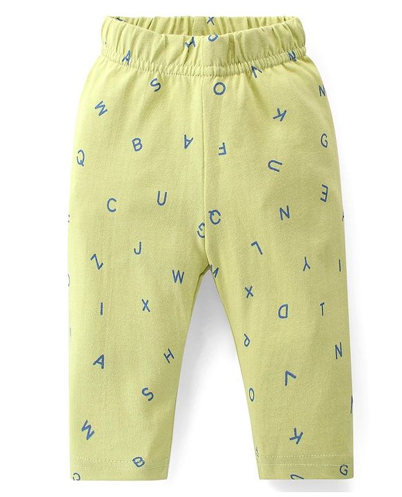 Babyhug Cotton Knit Full Sleeves Night Suit With Alphabets Print - Limegreen