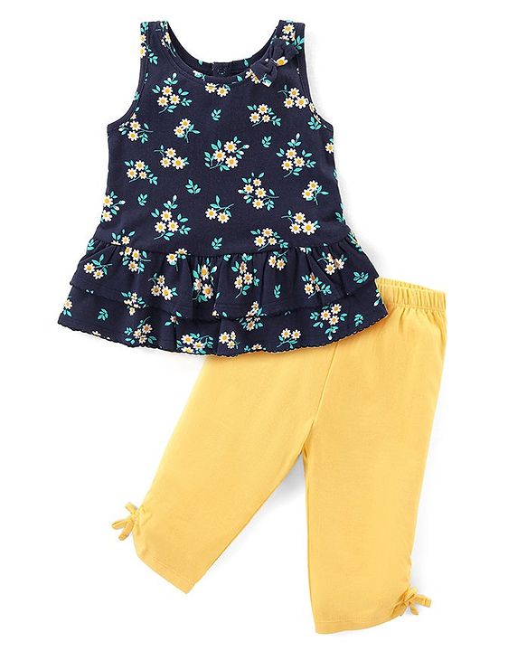 Babyhug Single Jersey Knit Sleeveless Floral Printed Top & Leggings Set - Blue & Yellow
