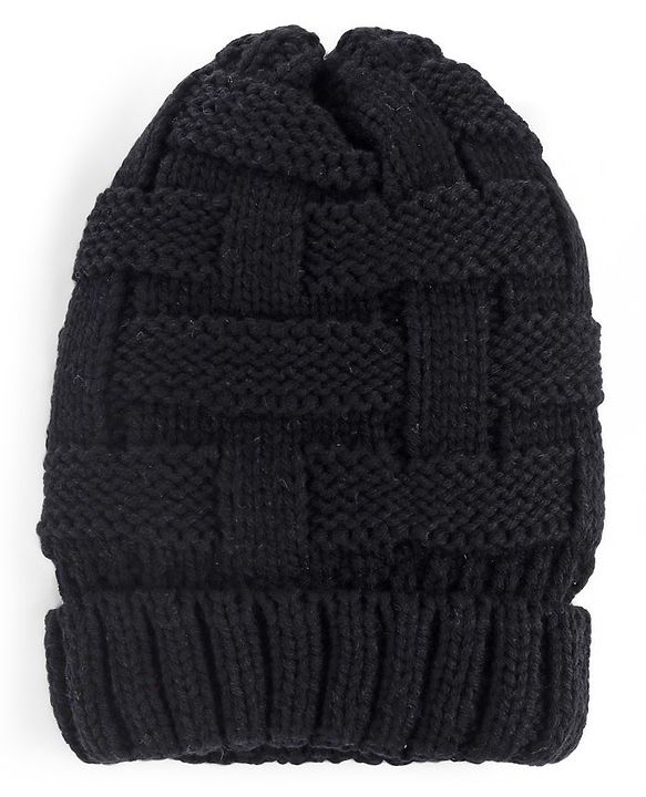 Pine Kids Woollen Cap with Cable Knit Design - Black