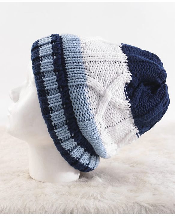 Pine Kids Knit Stripe Design Winter Cap - White & Blue