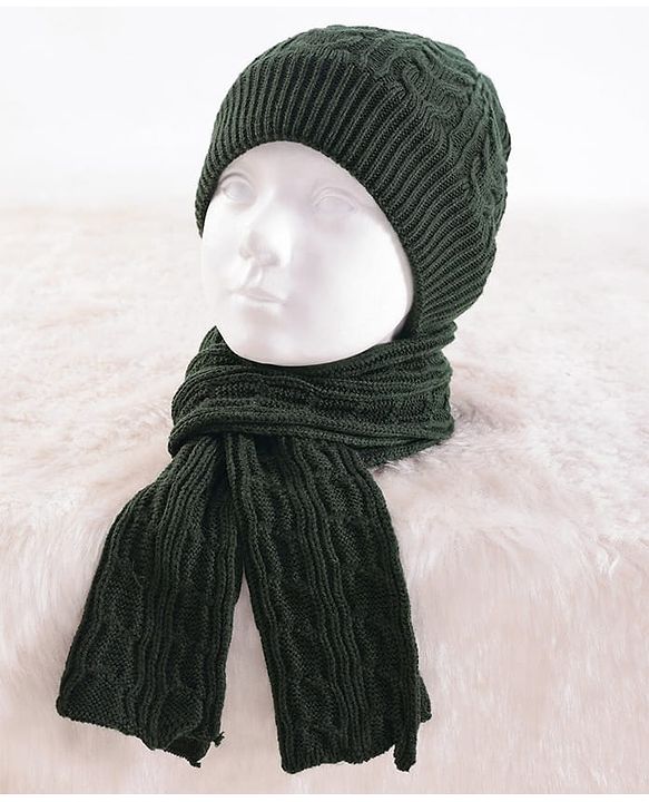 Pine Kids Woollen Knit Solid Beanie Cap & Muffler Set - Dark Green