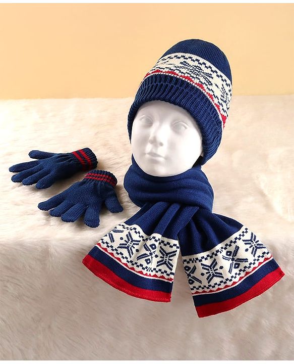 Pine Kids Woollen Cap Muffler & Mittens Sets with Aztec Design - Navy Blue & White