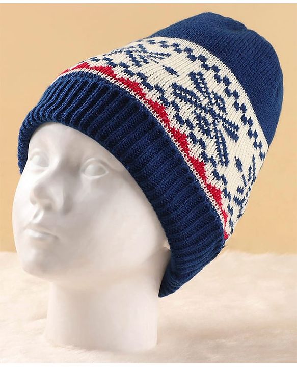 Pine Kids Woollen Cap Muffler & Mittens Sets with Aztec Design - Navy Blue & White