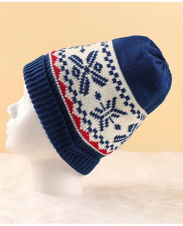 Pine Kids Woollen Cap Muffler & Mittens Sets with Aztec Design - Navy Blue & White