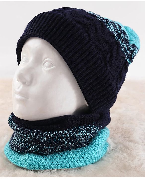 Pine Kids Knit Woollen Cap & Muffler Blue & Black - Diameter 13.5 cm