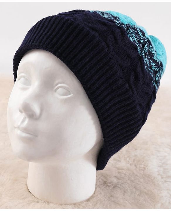 Pine Kids Knit Woollen Cap & Muffler Blue & Black - Diameter 13.5 cm