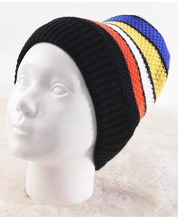 Pine Kids Knit Striped Designed Winter Cap - Black & Blue