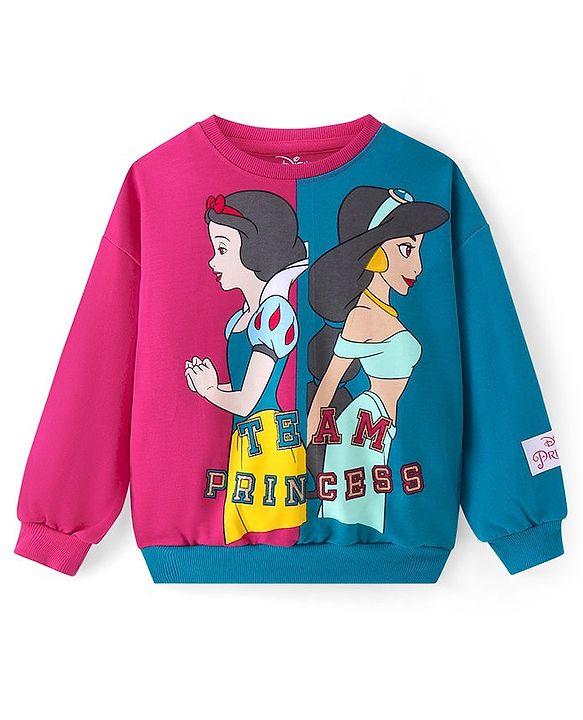 Pine Kids Disney Terry Knit Full Sleeves Sweatshirt With Cut & Sew Design & Disney Princesses Graphics - Purple & Navy Blue
