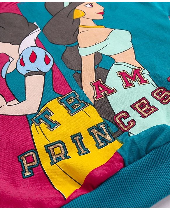 Pine Kids Disney Terry Knit Full Sleeves Sweatshirt With Cut & Sew Design & Disney Princesses Graphics - Purple & Navy Blue