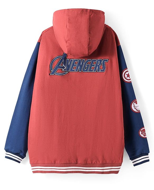 Pine Kids Marvel Terry Knit Full Sleeves Hooded Front Open Sweatjacket with Front & Back Avenger Graphics & Badge Detailing - Dark Red & Blue