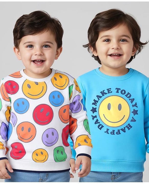 Babyhug Cotton Knit Full Sleeves Sweatshirts With Smiley Graphics Pack of 2 - Blue & White