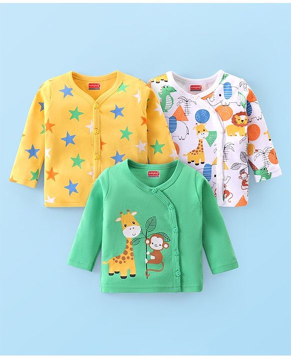 Babyhug 100% Cotton Knit Full Sleeves Front Open Vests With Stars & Animals Print Pack of 3 - Yellow Green & White