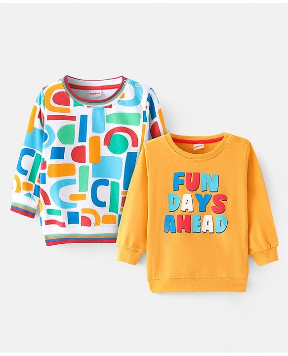 Babyhug Cotton Knit Full Sleeves Sweatshirts With Text Print Pack of 2- White & Yellow