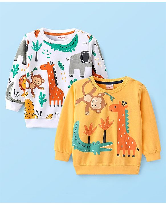 Babyhug Knit Full Sleeves Sweatshirts With Animal Print Pack of 2 - White & Yellow