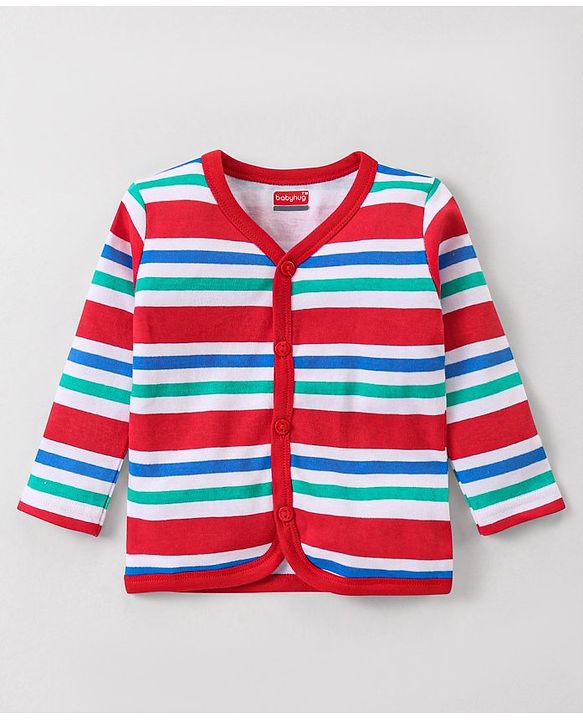 Babyhug 100% Cotton Full Sleeves Front Open Jhablas With Stripes & Bear Print Pack of 3 - Red & Blue