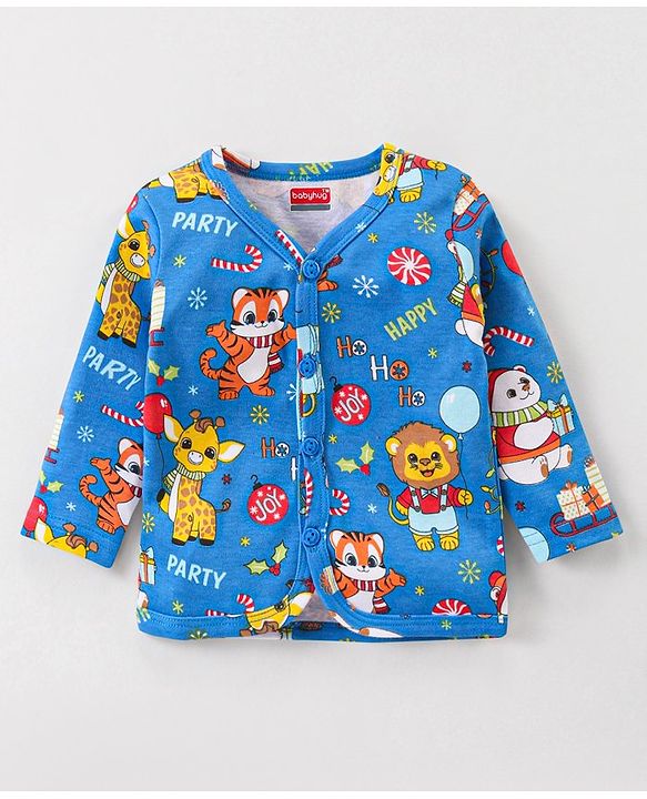 Babyhug 100% Cotton Full Sleeves Front Open Jhablas With Stripes & Bear Print Pack of 3 - Red & Blue