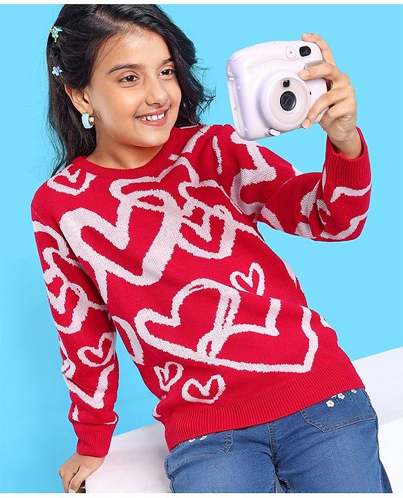 Pine Kids Full Sleeves Pull Over Sweater with Heart Print - Red