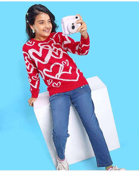 Pine Kids Full Sleeves Pull Over Sweater with Heart Print - Red