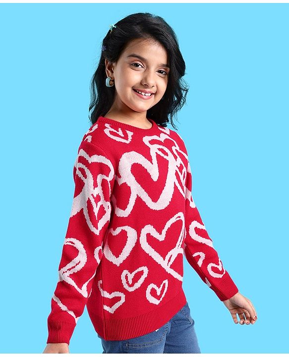 Pine Kids Full Sleeves Pull Over Sweater with Heart Print - Red