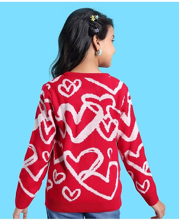 Pine Kids Full Sleeves Pull Over Sweater with Heart Print - Red