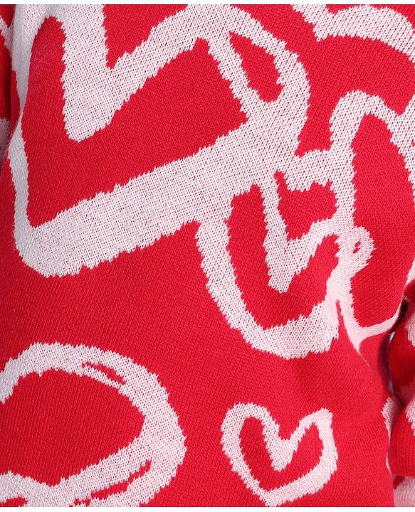 Pine Kids Full Sleeves Pull Over Sweater with Heart Print - Red
