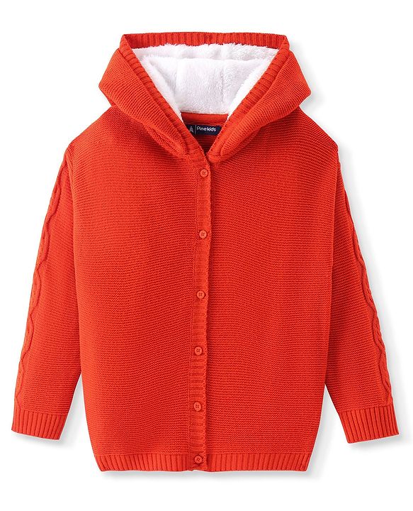 Pine Kids Knit Full Sleeves Hooded Front Open Solid Sweater - Red