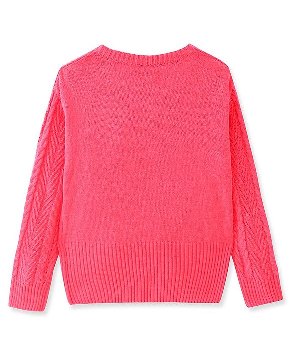 Pine Kids Knitted Full Sleeves Pullover With Cable Knit Design - Neon Pink