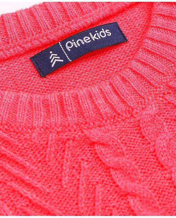 Pine Kids Knitted Full Sleeves Pullover With Cable Knit Design - Neon Pink