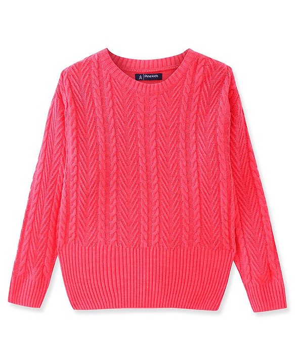 Pine Kids Knitted Full Sleeves Pullover With Cable Knit Design - Neon Pink