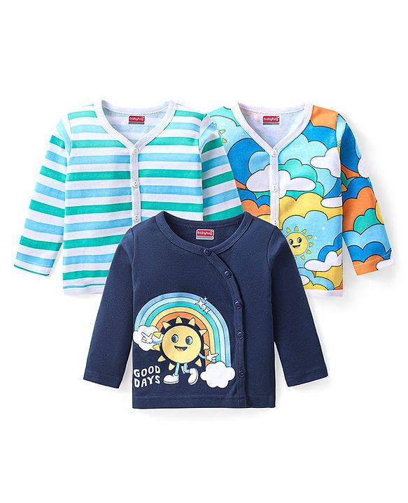 Babyhug 100% Cotton Interlock Knit Full Sleeves Front Open Jhablas with Rainbow & Striped Print Pack of 3 - Multicolor