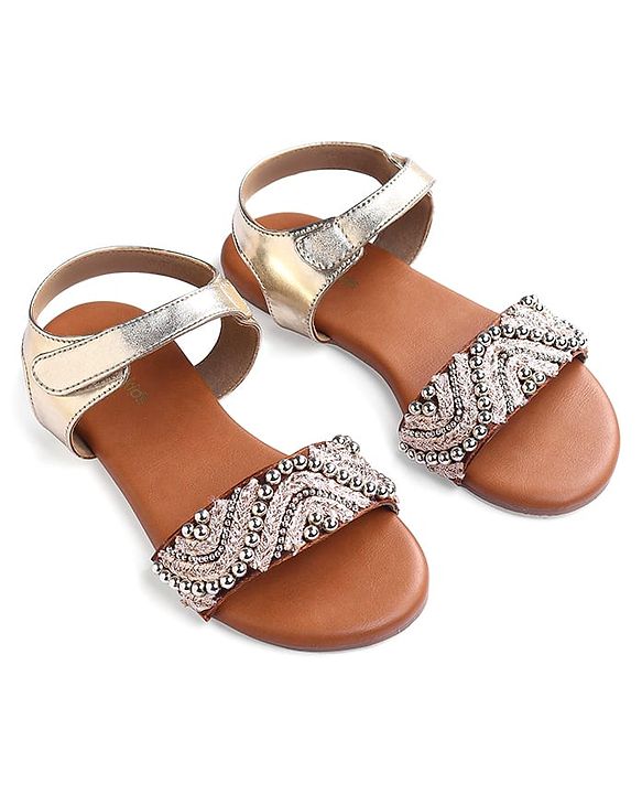 Pine Kids Velcro Closure Sandals With Lace & Beads Design - Golden