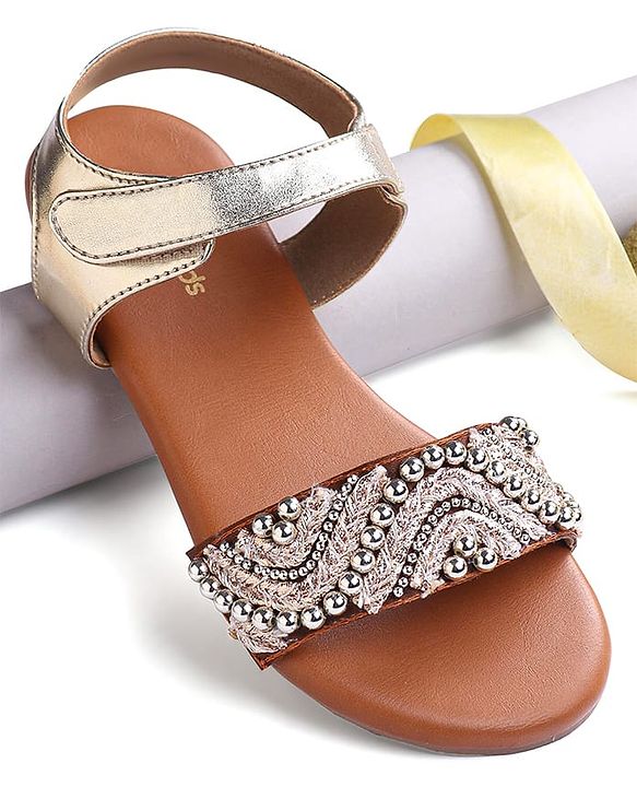 Pine Kids Velcro Closure Sandals With Lace & Beads Design - Golden
